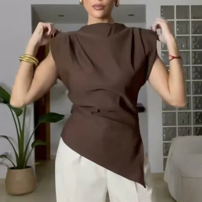Sleeveless Cropped Top Pleated Round Neck Vest T-Shirt