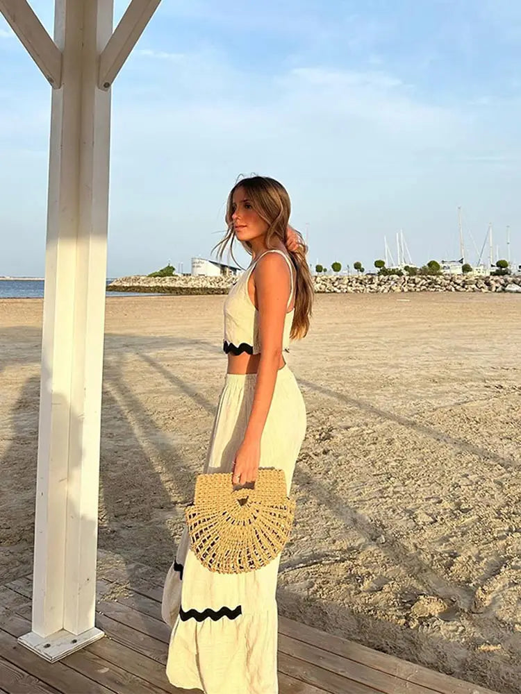 White and Black Stripe Crop Top Long Skirt Suit