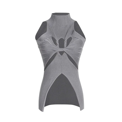 Sleeveless Knitted Solid Cross Hollow Out Top