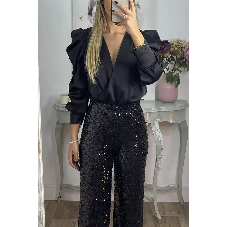 Satin Puff Long Sleeve Pleated Ruffled Tops