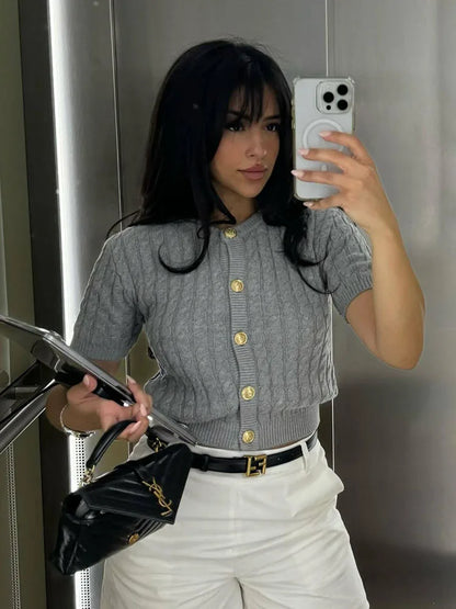 Twist Knitted Short Sleeve Sweater-Top