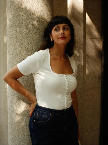 Square Collar Cotton Short Sleeve Tops