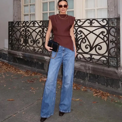 Sleeveless Cropped Top Pleated Round Neck Vest T-Shirt