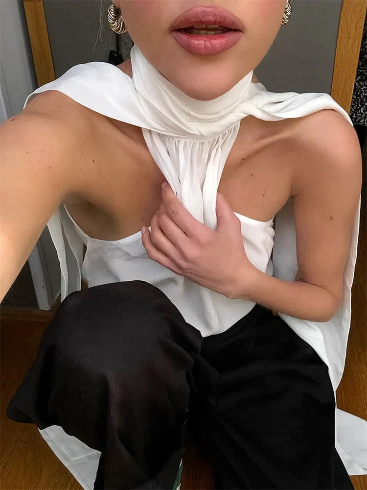 White Turtleneck Twist Lace-Up Top