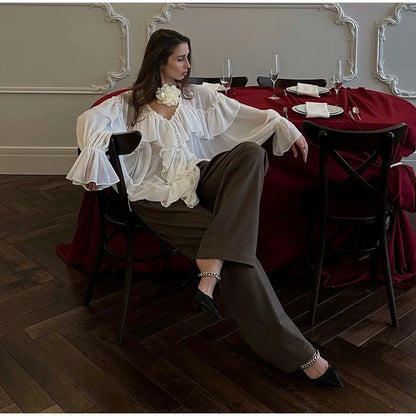 See Through Solid Long Sleeved Ruffles Tops