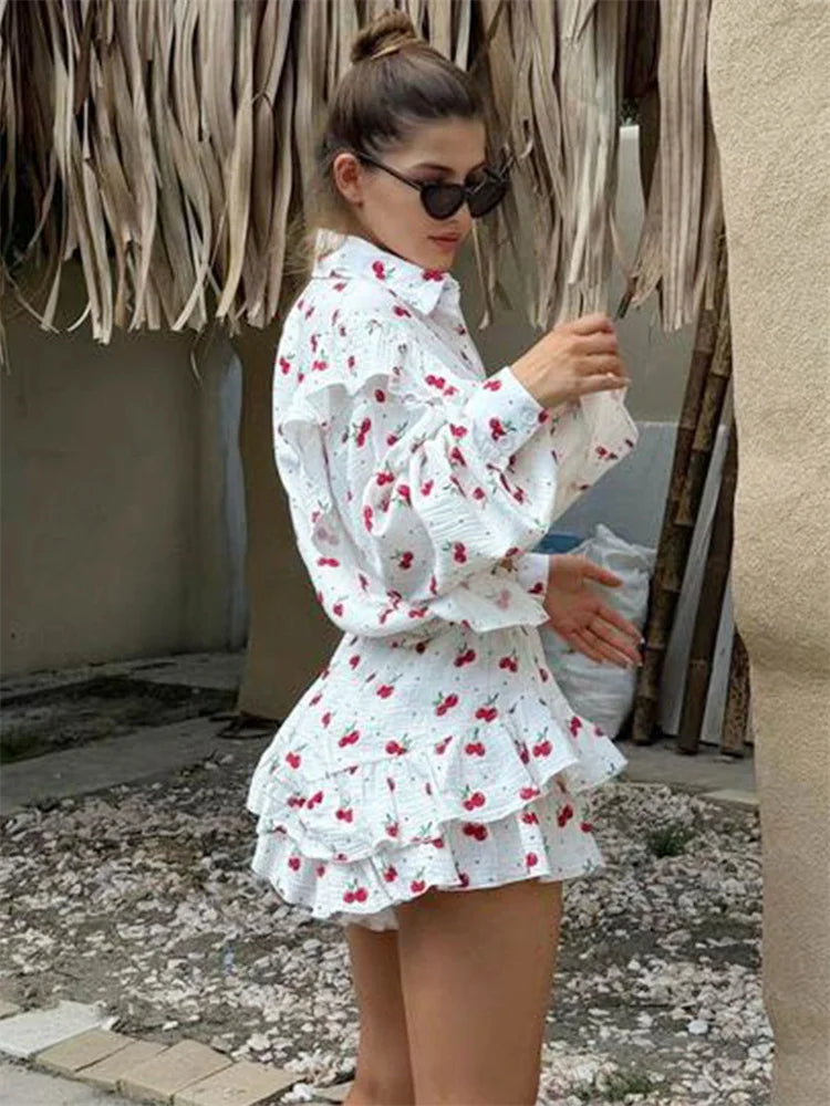 Ruffled Printed Long Sleeve Top and Shorts Sets