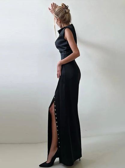 Sleeveless Top Suit With Front Split Skirt
