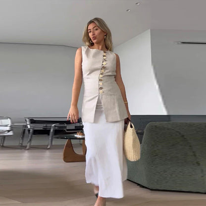 Sleeveless Front Buttoned Top and Mini Skirt Set