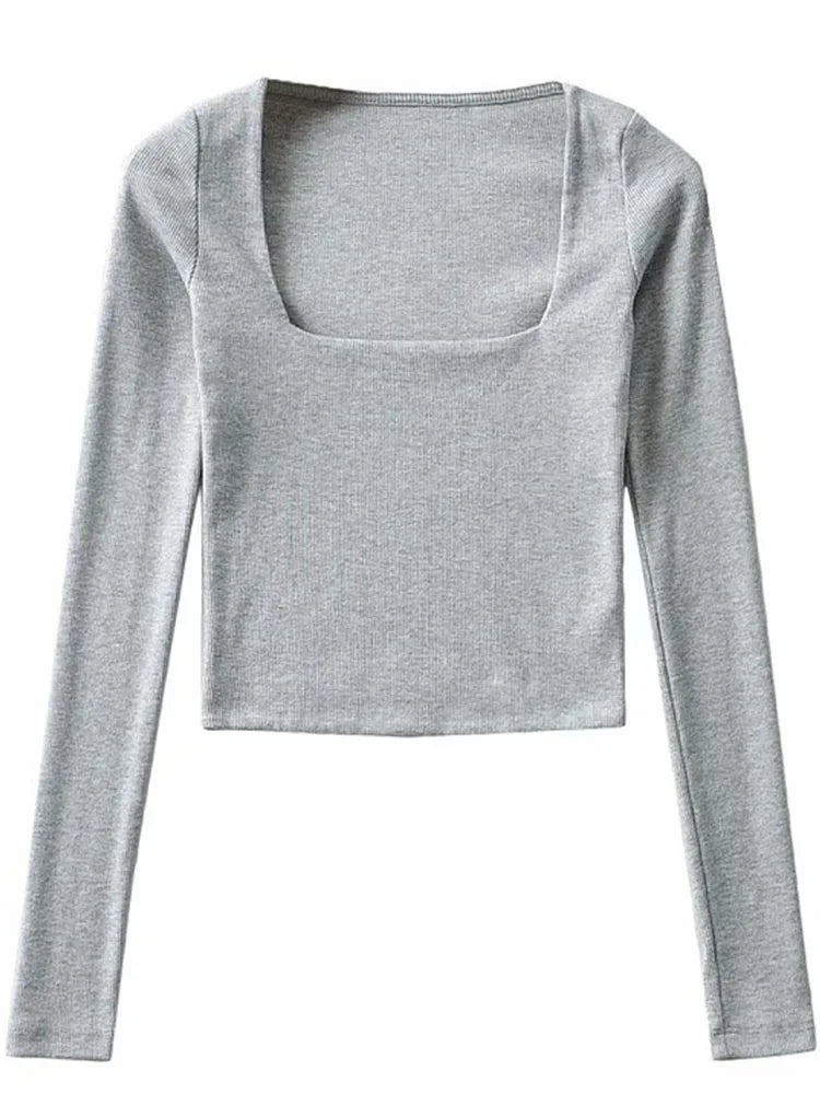 Women Long Sleeves Cotton Ribbed Square Neck Crop Top