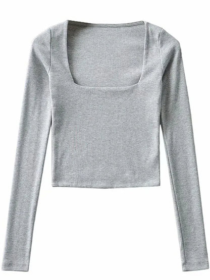 Women Long Sleeves Cotton Ribbed Square Neck Crop Top