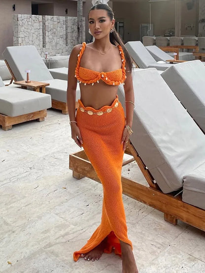 Shell Knitted Halter Top Split Fishtail Skirt Set
