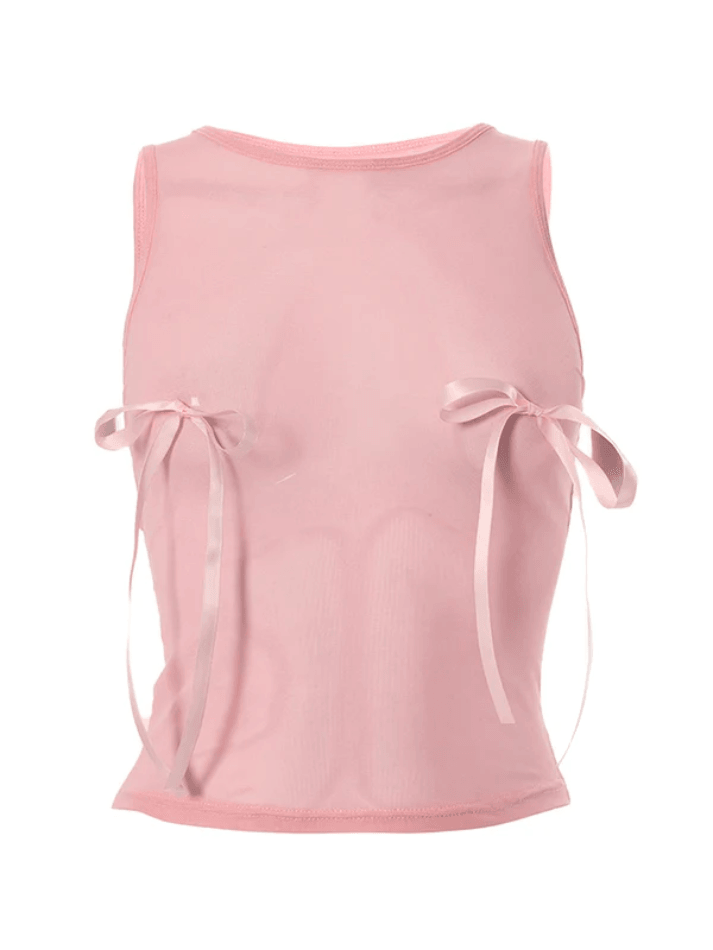 Sheer Mesh Bow Pink Tank Top