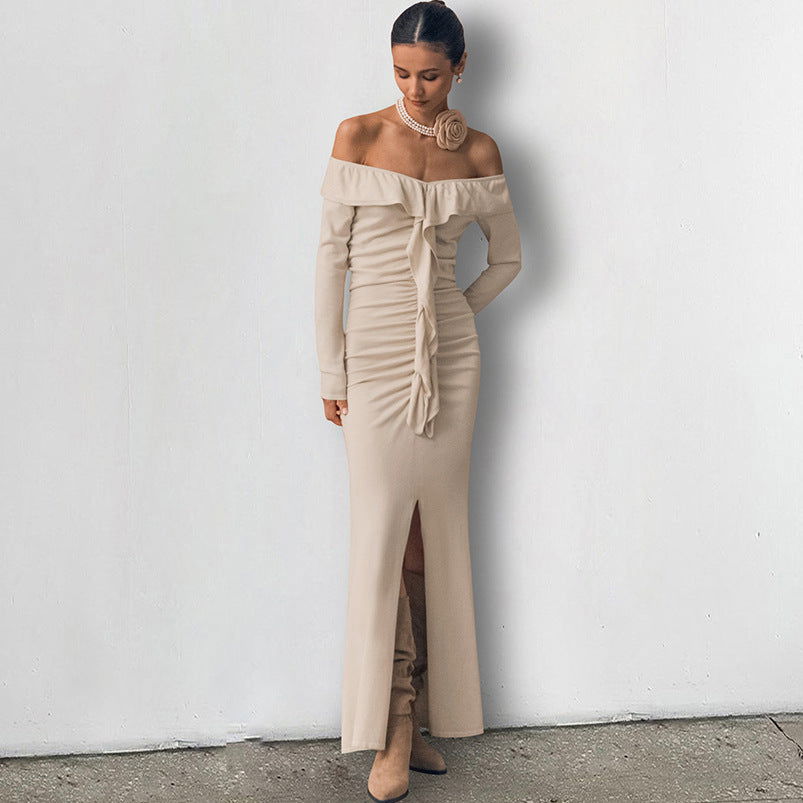 Slim Fit Ruffled Dress  High Sense Khaki off Neck Tube Top Split Fishtail