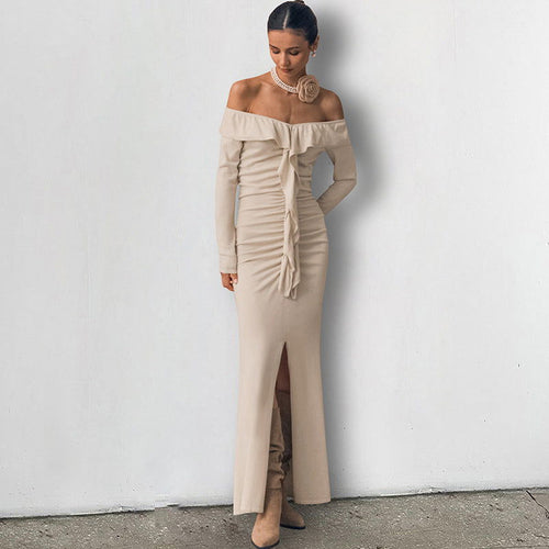 Slim Fit Ruffled Dress  High Sense Khaki off Neck Tube Top Split Fishtail