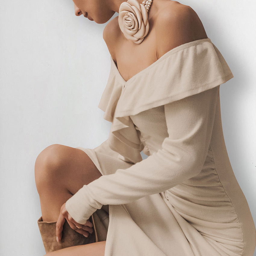 Slim Fit Ruffled Dress  High Sense Khaki off Neck Tube Top Split Fishtail