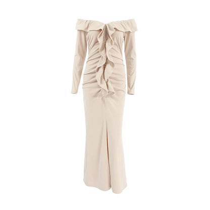 Slim Fit Ruffled Dress  High Sense Khaki off Neck Tube Top Split Fishtail