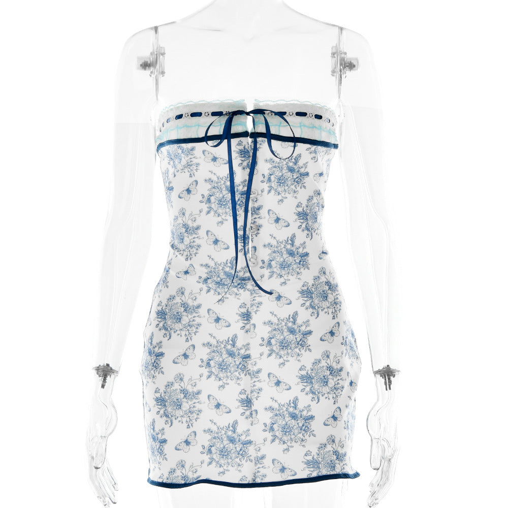 Printed Dress Backless Lace up Tube Top Lace Hip for