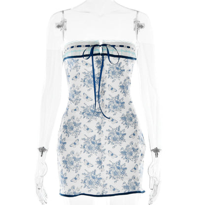 Printed Dress Backless Lace up Tube Top Lace Hip for