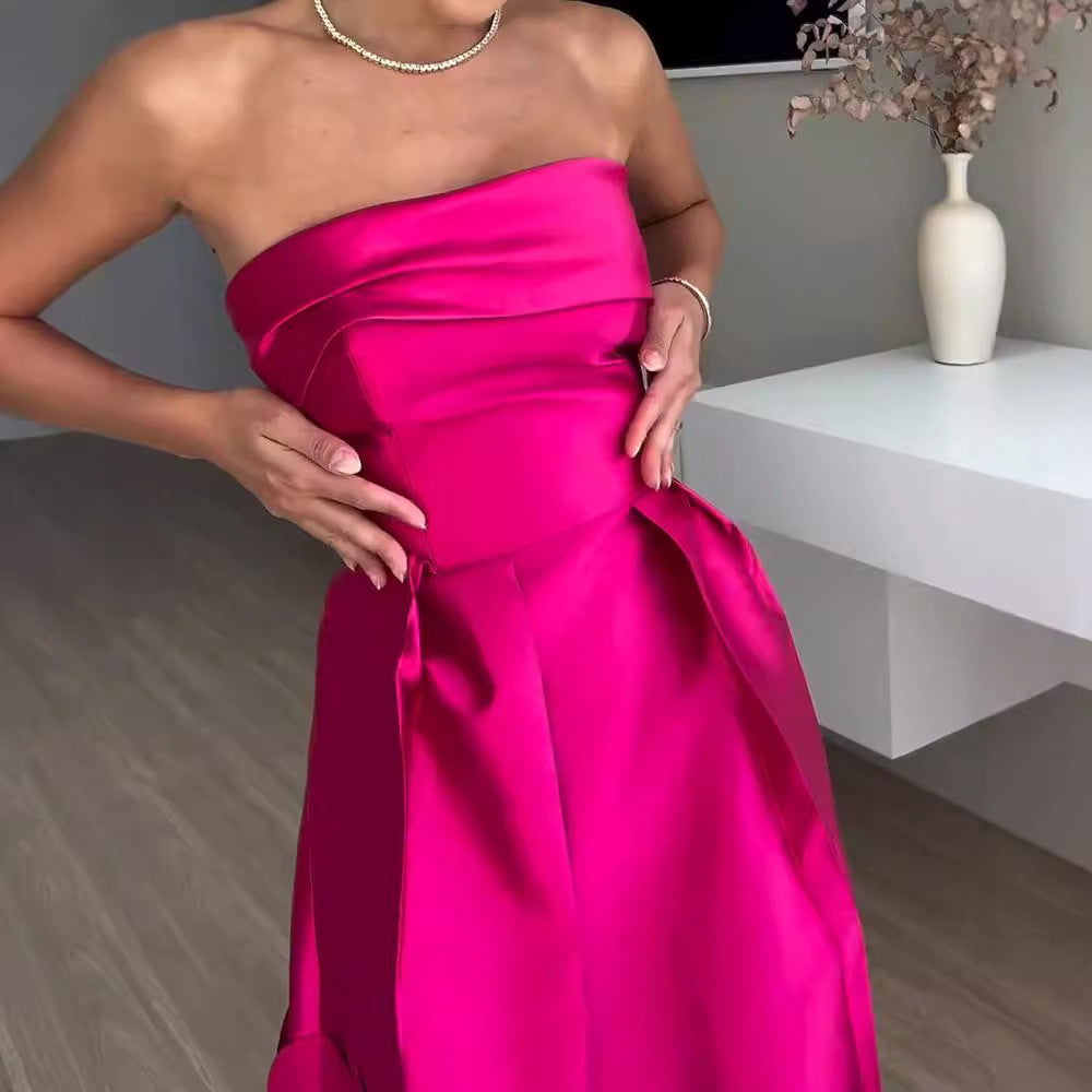 Stitching round Satin Tube Top High Waist Dress Evening Dress