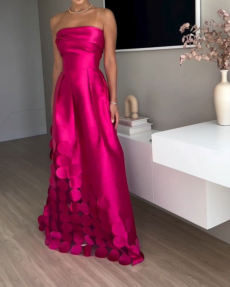 Stitching round Satin Tube Top High Waist Dress Evening Dress
