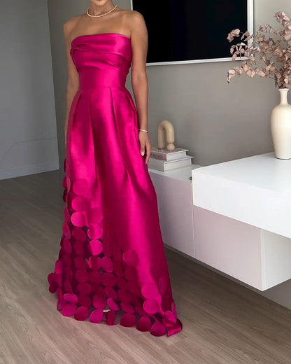 Stitching round Satin Tube Top High Waist Dress Evening Dress