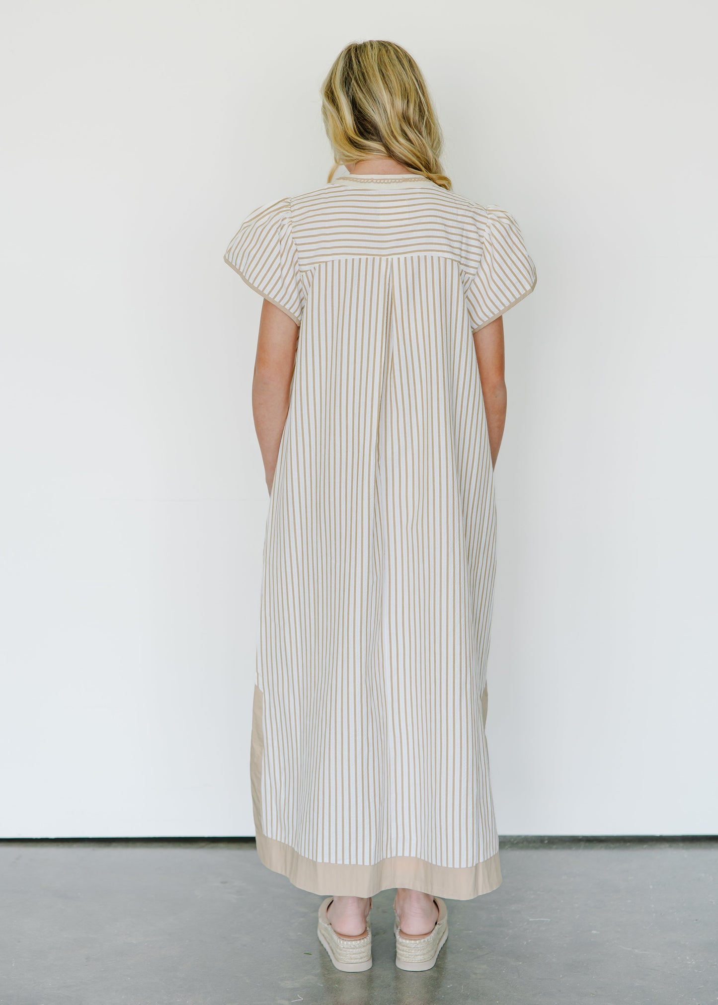 Elara Stripe Embroidered Midi Dress