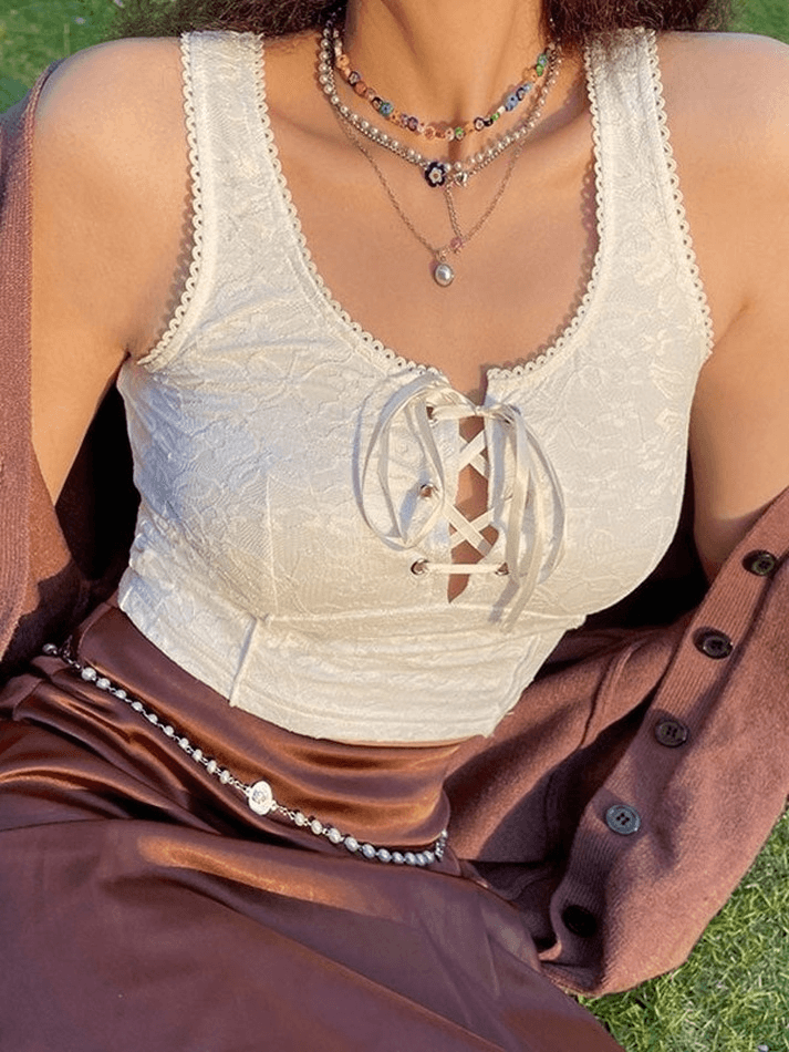Tie Front Lace Crop Tank Top