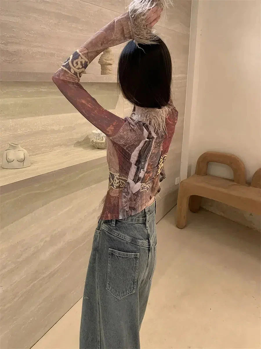 Vintage Faux Fur Detailed Lace Up Top