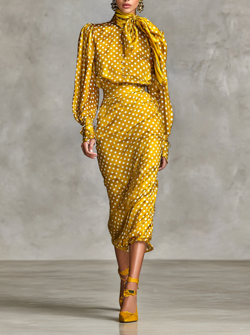 Women's Vintage Satin Polka Dot Print Shirt And Skirt Two-Piece Set (Not including scarf) MDA3073G0Y
