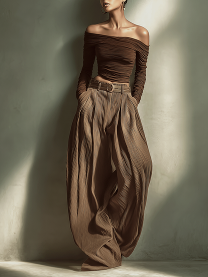 Women's Fashionable And Sexy Dark Brown Off-the-shoulder Long-sleeved Fitted Top MDA2980K0AN