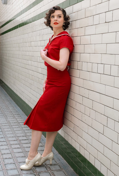 1940s Prim Pleated Skirt - Red Natural Fibre
