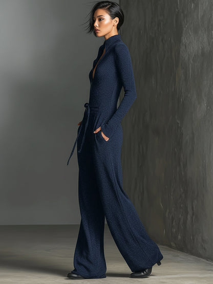 Women's Elegant Knit Sparkling Zipper Front Jumpsuit MDA2560G5I
