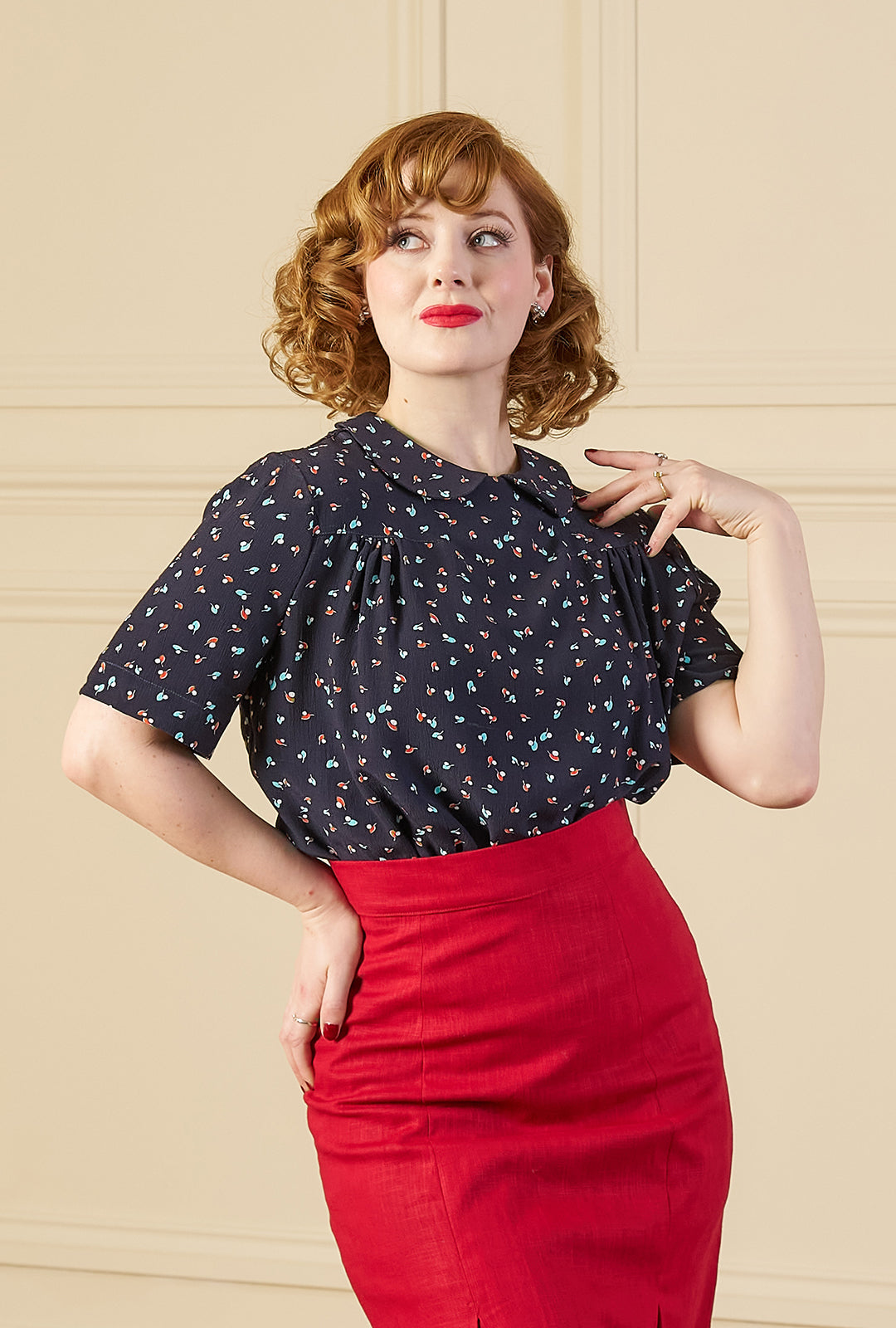 1940s Meet Again Blouse with Collar - Ocean Pearl