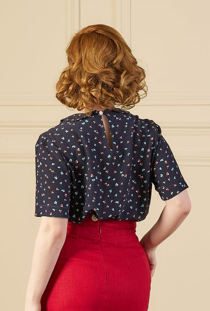 1940s Meet Again Blouse with Collar - Ocean Pearl